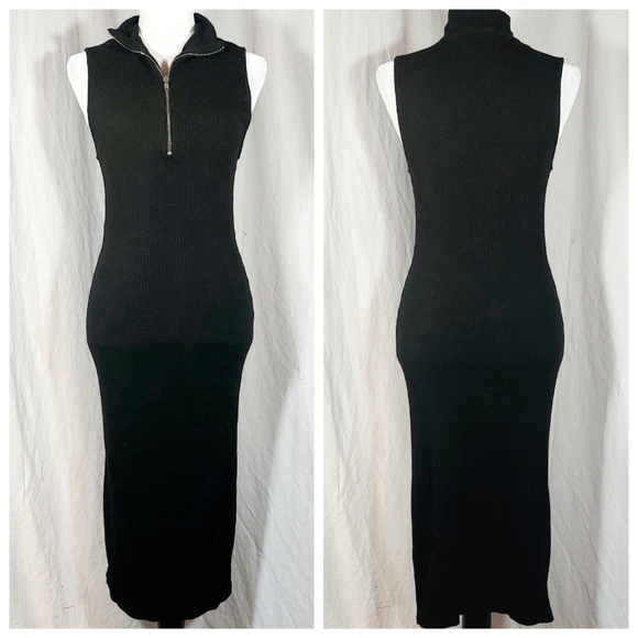 ZARA black rib-knit zipper mock-neck midi dress, L, EUC - Picture 1 of 7